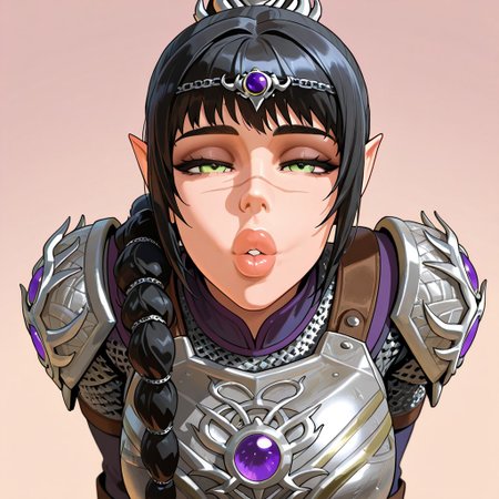 pov, incoming kiss, looking at viewer, puckered lips, thick lips, parted lips, half-closed eyes masterpiece,best quality,amazing quality, absurdres, <lora:shadowheart_bg3_ilxl_goofy:1> shadowheart \(baldur's gate\), 1girl, black hair, braid, breasts, elf, green eyes, large breasts, long hair, looking at viewer, multi-tied hair, pointy ears,scar on face,  simple background, smile, solo, body armor, shoulder pads, ,breastplate, chainmail,