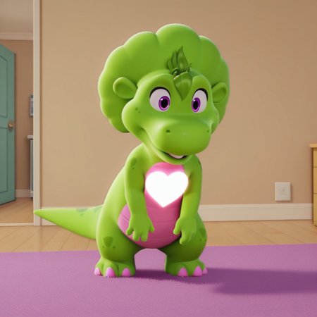 ((masterpiece, best quality, amazing quality,))  bopbwil, semi-anthro, female, dinosaur, green skin, green hair tuft, purple eyes, solo, inside, full body, glowing heart