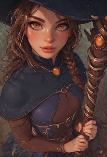 score_9, score_8_up, score_7_up,score_6_up, 1girl, BelleXLP, burple hair, orange eyes, manic look, view from above, looking at viewer, riding a magic staff sidesaddle, dressed as a witch, witch hat