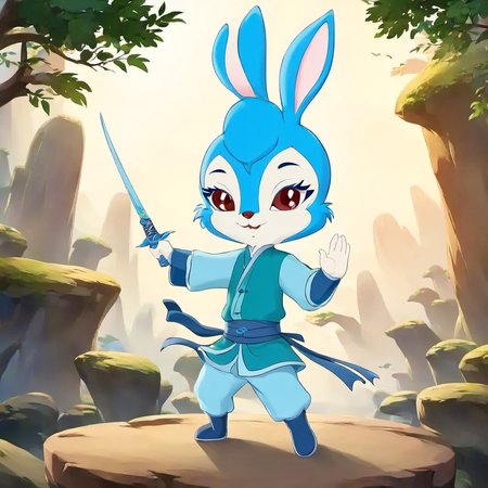 A rabbit girl,
Wushu style,
Blue hair,
Traditional Chinese clothing,
Anthropomorphic animal,standing,