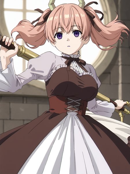 detailed background, posing,
<lora:linie.pony:1>
linie, 
medium breasts, empty eyes, 
holding weapon,
large breasts, bouncing breasts,