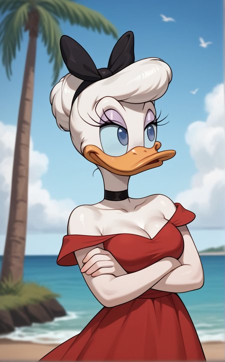 score_9, score_8_up, score_7_up, absurdres, 1girl, bare tree, branch, breast hold, crossed arms, day, outdoors, palm tree, stomach, cowboy shot, blue sky, cloud, blurry background, legs together, closed mouth, standing, thighs, arm under breasts,<lora:PONYXL_DaisyDuck_ownwaifu:1>, BREAK RedDress_DaisyDuck_ownwaifu, 1girl, furry female, red dress, blue eyes, white hair, bare shoulders, off shoulder, short hair, makeup, off-shoulder dress, black choker, duck, hair bow, purple eyeshadow, black bow, beak, white fur, animal nose, single hair bun, body fur, hair ribbon, black hairband, breasts, eyelashes, no humans, ponytail, black ribbon, colored skin, bird girl, sleeveless dress, sleeveless, cleavage, long dress, topknot, short sleeves, medium breasts, hair bun, strapless dress, collarbone, <lora:add-detail-xl:0.15>,