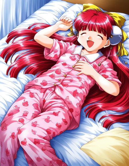 score_9, score_8_up, score_7_up, source_anime, rating_explicit, BREAK  <lora:Nanako_RISE_XL:1>ãNanako_RISE, long hair, red hair, closed eyes,  bangs,  hair bow, headgear, yellow bow, solo,
pink pajamas, animal print,  lying, open mouth,  happy, long pants, sleeping,
bed room, flooring,
