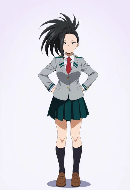 masterpiece, best quality, very aesthetic, absurdres,
1girl, yaoyorozumomo, black eyes, black hair, ponytail, long hair, hair pulled back,
u.a. school uniform, black socks, grey blazer, brown loafers, kneehighs, long sleeves, pleated green skirt, red necktie,
full body, hands on hips, standing, solo, looking at viewer, simple background , white background,  <lora:MomoYaoyorozuNoobXL_byKonan:1>