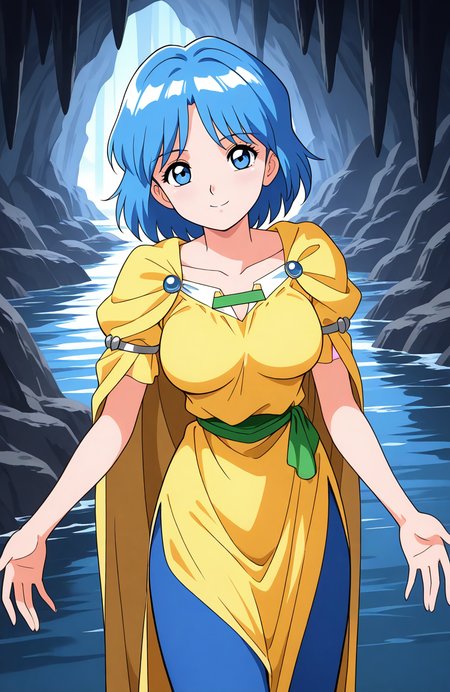 general,highres, ultra-detailed,very aesthetic,best quality ,best hands,  BREAK <lora:Vreni_Mahou_Shoujo_Meruru_IS:1>
Vreni(Mahou_Shoujo_Meruru),1girl,solo, blue hair, short hair, blue eyes, large breasts,
yellow dress, Yellow cape,  green belt,long pants, blue pants, 
cowboy_Shot, down arms,
smile,looking at viewer, cowboy_Shot,
cave, water,