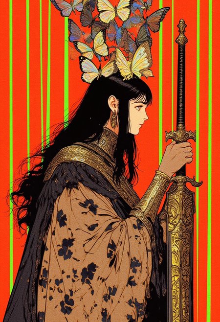 A hyper-realistic digital portrait of a pale-skinned woman in profile, facing slightly to the left, holding a large, ornate sword in a dark, graphic novel style. Her long, straight, dark hair flows down her back, and her sharp, defined features, including prominent cheekbones and a stern expression, convey unyielding strength and determination. She is dressed in a long-sleeved, high-necked gown adorned with intricate floral patterns in muted beige and black, with a ruffled, frilly hem that adds an elegant yet formidable texture to her appearance. Her sword, featuring a black hilt and a long, pointed blade, is intricately engraved with symmetrical white designs that harmonize with the ornate patterns of her attire, emphasizing her poised yet lethal aura. The background is vibrant orange, punctuated by lime-green vertical stripes evenly spaced 15 cm apart, extending from the top to the bottom of the frame and adding a bold graphic element. Above her head, a cluster of a dozen luminous, iridescent butterflies in shifting, vibrant hues hovers ethereally, their radiant glow creating a striking juxtaposition against the intense tones of the scene. The diffused lighting softly illuminates every detail, from the delicate textures of her dress to the polished sheen of her weapon, amplifying the dramatic tension. HD, 8K quality, ultra-detailed, masterpiece artwork, flawless anatomy.