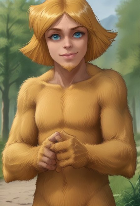 score_9,<lora:Totally_Spies_Clover:0.8>,smile,v,head tilt,closed mouth,
leaning to the side,park,solo focus,
blonde hair,short hair,
tall, thick limbs, large (kala:0.3) dark skin, yeti, bigsquatch, clover \(totally spies\), blonde hair, short hair, blue eye, on a mountain, blonde fur, female bigfoot, sasquatch, looking at viewer, breasts, sad gaze, detailed face, hairy body, detailed eyes, (detailed hands), detailed fingers, Shallow Depth of Field, hairy, FURRY BODY, yeti, (abominable snowman), very big feet, (beard) covered in yellow fur, (hairless upper lip), fluffy