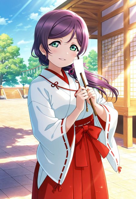 1girl, alternate_hairstyle, artist_request, blue_sky, day, gohei, hakama, hakama_skirt, highres, holding, japanese_clothes, light_smile, long_hair, long_sleeves, looking_at_viewer, love_live!, love_live!_school_idol_festival_all_stars, love_live!_school_idol_project, miko, official_art, parted_bangs, parted_lips, purple_hair, red_hakama, shide, shinto, shrine, skirt, sky, solo, sunlight, swept_bangs, toujou_nozomi, tree, wide_sleeves