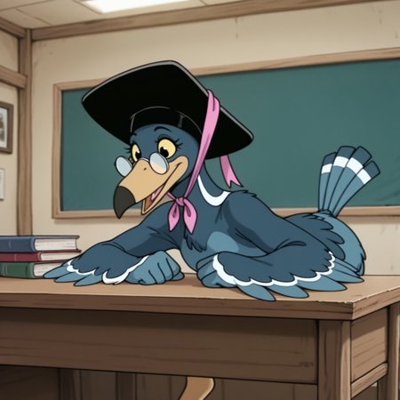 masterpiece, best quality, amazing quality, Magpiebbil, semi-anthro, female, bird, blue feathers, black eyes, yellow sclera, winged arms, glasses, black hat, pink ribbon, inside, leaning over desk