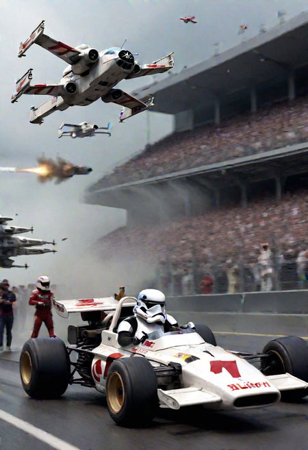 a storm trooper drifting a formula 1 X-wing seen from the side as it passes the alien crowd