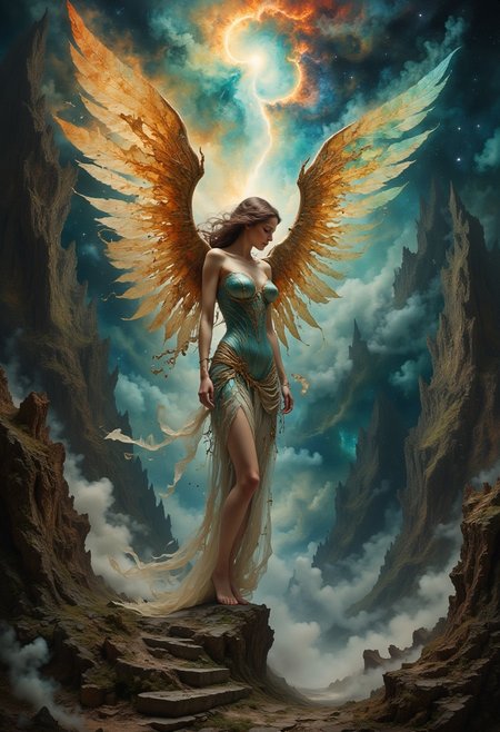 feminine angel bringing a light to a valley of darkness full of monsters