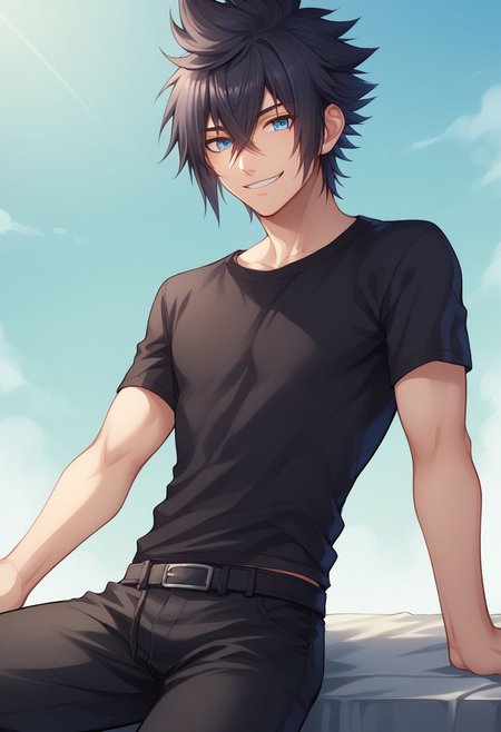 score_9, score_8_up, source_anime, highly detailed, 1boy, solo, male_focus,
noctis, 1boy, male focus, solo, blue eyes, shirt, black hair, spiked hair, 
hair between eyes, pants, short sleeves, black pants, smile,
outdoor,