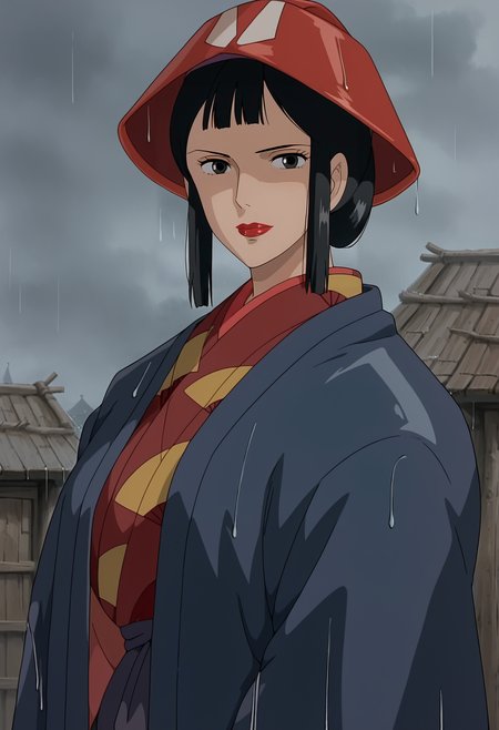 <lora:Eboshi_Gozen-Mononoke_Hime:0.9>,Eboshi,mature female,1girl,solo,black hair,black eyes,lipstick,breasts,japanese clothes, kimono,hat,outdoors,rain,looking at viewer