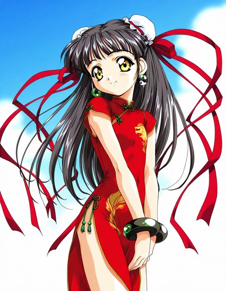 masterpiece, best quality, good quality, <lora:Kounyan_Spiral_NAMI_IS:1>Kounyan, black hair, long hair, double bun, hair bun, bun cover, yellow eyes, ribbon, earrings, flat chest, green jewelry, 2000s \(style\),anime coloring,  short stack,
1girl, solo, chinese clothes, china dress, red dress, smile,
bracelet, short hair, v arms,
blue sky,