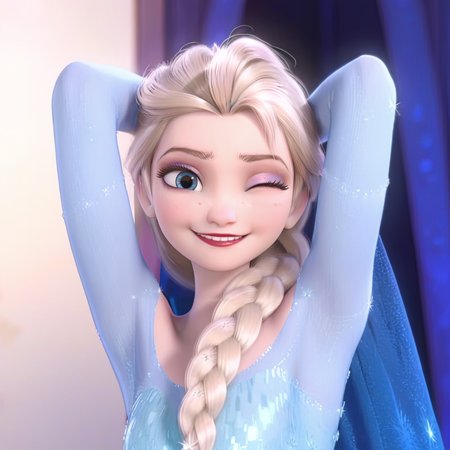 score_9, score_8_up, score_7_up, score_6_up, absurdres, best quality, <lora:elsa33:1> , elsa33, 1girl, long hair, blue eyes, blonde hair, dress, bare shoulders, braid, cape, blue dress, hair over shoulder, red lips, eyelashes, eyeshadow, makeup, frozen \(disney\), anime screencap, arms behind head, long sleeves, one eye closed, smile,