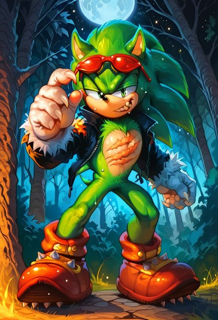 score_9, score_8_up, score_7_up, male, source_furry, male, solo, Scourge the Hedghog, sunglasses, shoes, jacket, gloves, eyewear on head, scars, fangs, claws, fur, big eyes, big hands, red sneakers, spikes on shoes,, muscular:1.3, playful expression, sweaty, hands, no pants, (((dutch angle, sexy tease, sexy pose, stylish pose, action pose, clawing at a tree, from below)))
BREAK
forest, tress, outside, night, moon, stars, ambient light