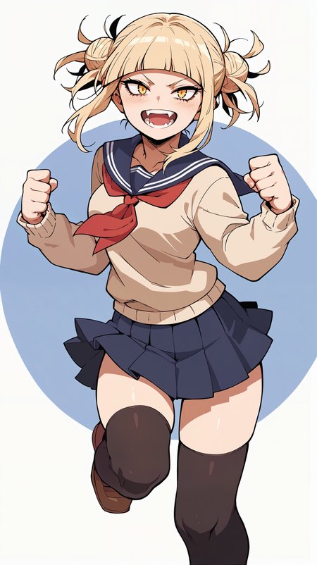score_9,score_8_up,score_7_up,score_6_up, source_anime, girl, dynamic pose, thoughtful pose, <lora:Crestyle_epoch_9:0.7>, crestyle, artstyle,  <lora:Himiko Toga - Pony:0.7> blonde hair, blunt bangs, double bun, messy hair, yellow eyes, serafuku, beige sweater, blue skirt, pleated skirt, sailor collar, red neckerchief, blue collar, black thighhighs, fangs, simple background, textured background, paper texture,