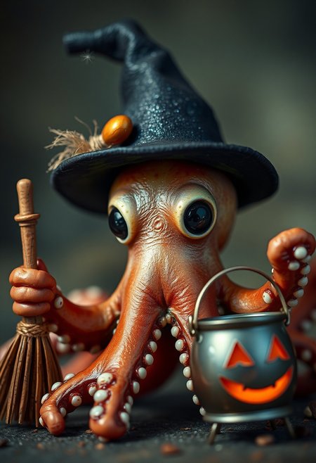 A charming, bright-eyed octopus sports a miniature, pointed witch's hat, its brim adorned with a delicate, sparkling broom. The octopus's eyes, shining like two bright, black jewels, sparkle with excitement as it gazes out from beneath its witchy disguise. One of its tentacles grasps a tiny, wooden broom, its bristles perfectly proportioned to the octopus's miniature size. Another tentacle holds a cauldron-shaped candy pail, its metal surface adorned with a miniature, glowing jack-o'-lantern face. The atmosphere is playful and lighthearted, with a hint of spooky, Halloween fun. The octopus's very presence seems to radiate a sense of joyful, mischievous energy, as if it's ready to cast a spell of delight on all who encounter it. highest-Quality, intricate details, visually stunning, Masterpiece