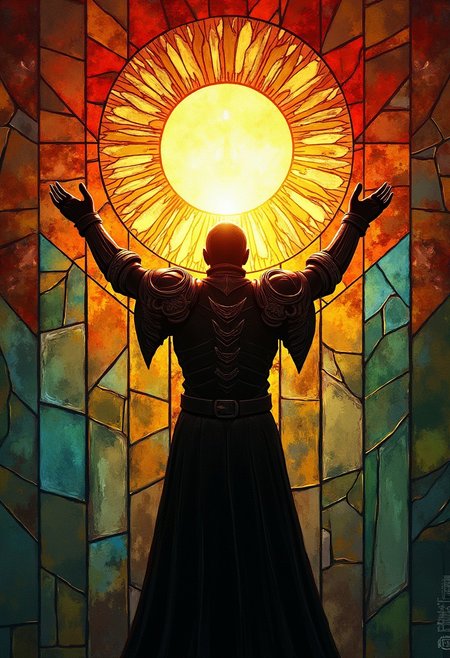 An abstract stained glass of a Solaire from dark souls in full armor with sigils of the sun praising the sun with both hands outstretched above his head. He is facing away from the viewer. The backdrop is composed of glass-like panels that transition from warm reds and yellows near the center to calming blues and greens toward the periphery. The shards are separated by metallic outlines, creating a glowing mosaic effect. The subject itself is a stark silhouette, contrasting beautifully against the vibrant, light-filled fragments surrounding it.