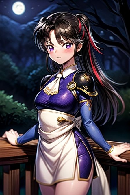 best quality 1girl Setsun4 solo long hair,  (night time) forest background black hair very long hair purple eyes multicolored hair armor, small, (fur trim) (medium body),<lora:EMS-179-EMS:0.800000>,<lora:EMS-293862-EMS:0.800000> bow, hair_bow, hair_tubes, red_bow, brown_hair, long_hair, bangs, ascot, frilled_bow, yellow_ascot, blush, smile, hair_between_eyes, athletic, armor, miko, ,(((intricate outfit,intricate clothes,embroidered outfit,ornate outfit,embroidered clothes,ornate clothes))), strengthmda