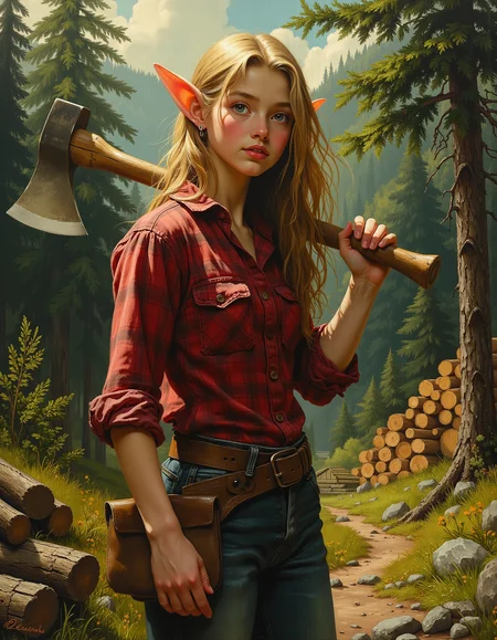 masterpiece, high quality, Oil Painting, Hyper-realistic, cheerful, muscular tween elf girl lumberjack stands proudly in a lush, green forest. She wears a red plaid shirt, rolled up at the sleeves, showing her strong arms. She has a rugged jeans and sturdy brown boots are well-worn from years of hard work. Her friendly face, and her bright eyes exude warmth and confidence. She has delicate, angular features and luminous, almost ethereal white skin, and small elf ears. Her large, almond-shaped eyes are a striking shade of a deep blue, framed by long lashes. She has sleek, waist-length hair, silken and blond, cascading in gentle waves down her back. Her body is short, strong, skinny, waist small, and petite. Sunlight filters through towering pine trees, casting dappled golden light onto the scene. She holds a large, gleaming axe over her shoulder, its blade catching the light. In the background, a neatly stacked pile of freshly chopped logs rests near a rustic wooden cabin. Birds chirp, and a gentle breeze rustles the leaves, completing the peaceful woodland atmosphere. Masterful painting, oil on canvas, Focus on the girl, shadow and light, Masterpiece, intricate lines, intriguing atmosphere, sharp magnificent details, delicate features, elaborate details, (2\3 rule composition:0.5), ultra detailed, romantic, Rembrandt lighting, brush stroke, lovely, del1cate_balance style, novuschroma, in the style of Rembrandt. vantablack <lora:style_of_Rembrandt_FLUX_135:.8> <lora:- Flux1 - vanta_black_V2.0:.6> <lora:Delicate_Balance:.3> <lora:neeeg_f1:-.5> <lora:113_novuschromaFLX_1:.3>