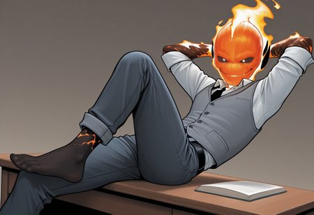 masterpiece, absurdres, high quality, perfect anatomy, 1boy, solo, cute boy, male focus, doyle, Orange Fire, Black Scelera, colored scelera, white shirt, grey vest, belt, sleeves rolled up, smug smile, sitting in desk, hands behind head, leaning back, feet on desk, cinematic, intricately detailed illustration, depth of field, masterpiece, best quality, amazing quality, very aesthetic, absurdres, newest, very awa,  shadow, dynamic angle, casual cosplay, dynamic pose, simple background,