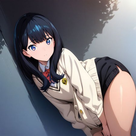(masterpiece),(best quality),(ultra-detailed),(best illustration),(best shadow),(absurdres),(detailed background),(very aesthetic), looking at viewer, 1girl, solo, takarada rikka, blue eyes, black hair, long hair, bangs, thick thighs, leaning on the wall,