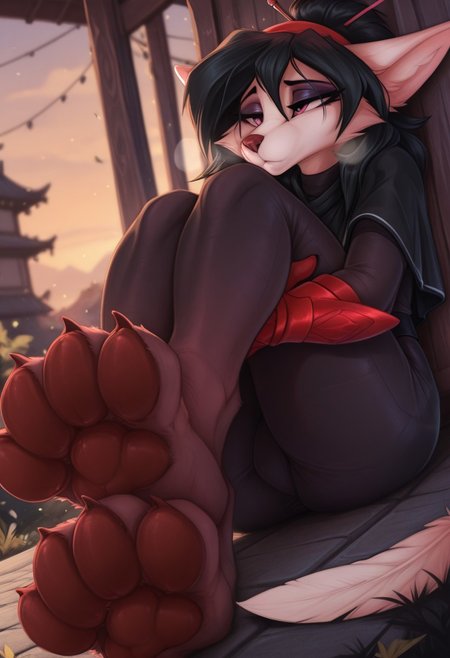 spaal, outdoors, undershirt, falling feathers, black bodysuit, hair stick, hugging own legs, , gauntlets,   eyeshadow,   red gloves, black capelet, red hairband, pink eyes, medium hair, black hair, 1girl, solo,  dynamic angle, foreshortening, furry, furry female, anthro, paws, claws, pawpads, steam, smell, visible, breath