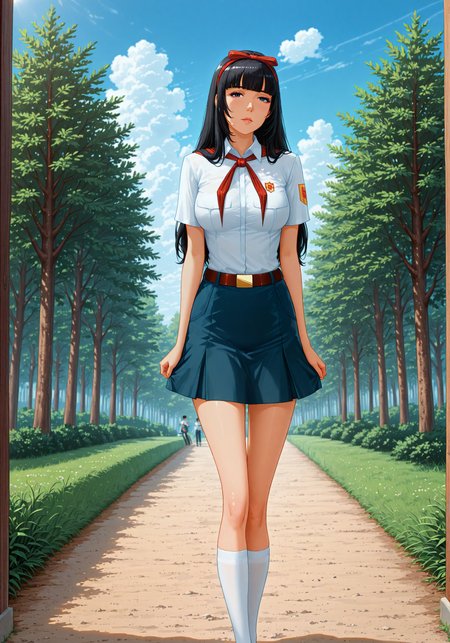 masterpiece, high_quality, highres, detailed_eyes, detailed, masterpiece, best quality, absurdres, 8k, HDR, face_focus, high quality, very_awa, newest, absurdres, highres, depth_of_field, realistic_skin, pinkretroanime, (retro art:0.7), Jeddtl02, p0nyd1sney1ncasev1x0n2, very aesthetic, detailed face, pioneer_uniform, el_pioneer_outfit, white_shirt_pioneer, short_sleeves, pioneer_badge, blue_short_pioneer, red_neckerchief, belt, white_socks, shoes,<lora:Yamato_Aoki_illustrious:1> , black eyes, long hair, bang, black hair, large hanging breasts elegant and dominant, mature, adult, sexy, medium breasts, looking at viewer, detailed beautiful eye, medium breasts, amazing background, clouds, nature, forest, ,  <lora:Everlasting_summer_pioneer_uniform:1>, detailed skin texture, (blush:0.5), (goosebumps:0.5), subsurface scattering