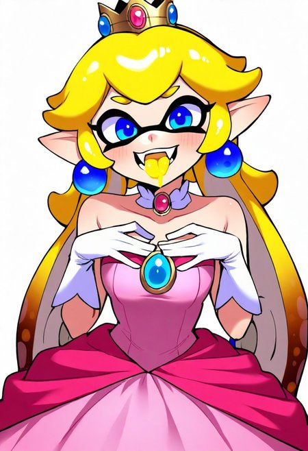 masterpiece, best quality, absurdres, ultra-detailed, high resolution, 
1girl, inkling, solo, pointy ears, blue eyes, fangs, smile, long hair, yellow tongue, yellow hair, long hair, princess peach (cosplay), pink dress, strapless dress, bare shoulders, white gloves, brooch, choker, blue earrings, pink lips, 
paint splatter, white background,
