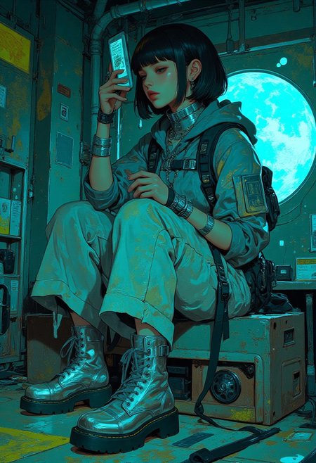 c0mix2, , anime, cyberpunk, aesthetic\_pose, dynamic\_pose, dramatic\_lightning, hyper-realistic, full body, 1woman, futuristic pose, indoors, ne0nfant4sy style, loose-fit reflective trousers, oversized metallic silver boots, avant-garde techwear, short black hair, calm focused expression,
soft neon lighting, cool blue and green hues, slight warm tones, high contrast, vibrant neon saturation, cinematic light,
reflective fabric, metallic texture, loose fit, smooth sheen,
silver cuffs and chains, neck and arms, polished metal, subtle shine,
short black hair, straight, framing face, minimal motion,
calm focused expression, serious, poised,
transparent data tablet, sleek design, held in one hand,
glowing holographic globe, large, blue-green light, behind model,
urban digital noise texture, neo-noir, Blade Runner 2049 inspired, cinematic composition, dramatic shadows, futuristic atmosphere