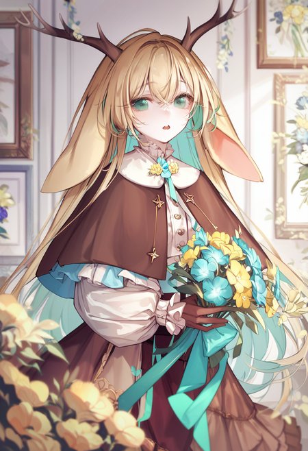 score_9, score_8_up, score_7_up, score_6_up, <lora:yoggiXL_P6_lokr_V43P1:0.95>   1girl, solo, animal ears, long hair, flower, horns, deer ears, gloves, antlers, green eyes, blonde hair, holding, looking at viewer, long sleeves, capelet, skirt, shirt, white shirt, very long hair, pink flower, holding flower, frills, multicolored hair, deer girl, frilled sleeves, blue flower, yellow flower, bouquet, open mouth, straight-on, picture frame, blurry, parted lips, hair between eyes, brown capelet, deer antlers, brown skirt, virtual youtuber, upper body, colored inner hair