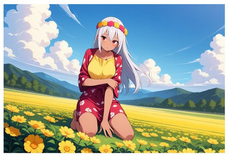 Score 9, Score 8, Score 7, Masterpiece, High Quality, Good Quality, Latest Model, High Resolution, Absurd, ((White Border)), Cinematic Lighting, High Contrast (Edge Light: 0.6), Dynamic Vision, <lora:illustriousXL_stabilizer_v1.23:0.3> <lora:NOOB_vp1_detailer_by_volnovik_v1:0.3> <lora:ponyv6_noobE11_2_adamW-000017:0.45> <lora:checkpoint-e18_s306:1.5> <lora:haiz_ai_illu:0.7>, Vibrant Colors, Bright Color, Dynamic Colors, Colorful Image, High Contrast, Saturated Colors, Thick Line, Bright Colors, Good Lighting, Color Saturation, Masterpiece, Best Quality, source_hentai, 
Medium close-up,solo,1girl,
1Girl, detailed face, saggy breasts, medium breasts, long hair, silver hair, straight hair, long bangs, tanned, red eyes, shy, expressive reds,
wearing a floral print top, yellow top, yellow flowers, full body, in a garden, bright sky, daylight, sunny, fluffy clouds, cheerful, barefoot, long top, colorful flower crown, floral scene,