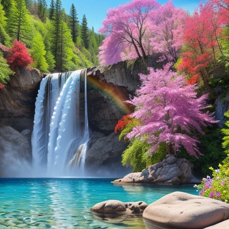 hyperrealistic, colorful, vibrant colors, perfect shading, detailed, extremely detailed, masterpiece, high quality, best quality, high resolution BREAK ((waterfall)), large waterfall, clear water, see-through water, realistic water, flowers on rocks, colorful flowers, red, purple, blue, pink, rainbow, (colorful trees), blue sky