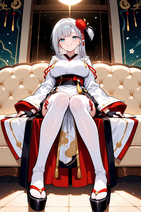 masterpiece, best quality, anime, 2d, 1girl, aqua eyes, red eyeshadow, mole under eye, grey hair, one side up, red hair flower, white kimono, tassels, wide sleeves, black wristband, fingerless gloves, obi, black pleated skirt under curtain, black skirt, white pelvic curtain, long pelvic curtains,  ribbon-trimmed thighhighs, okobo, <lora:ShoukakuNBCAMEq4+1v1 AL:1>, abstract, spotlight, alluring, sofa, indoors, sitting, full body, straight-on, from below, mature female, naughty face