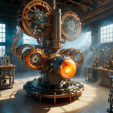 bird's eye view, ((((large laboratory)))) in a dusty warehouse, photorealistic photo of a glowing steampunk machine that shows the planets in our solar system, (((((No people))))), Octane Render, large fusion mechanical device with complex gears and ((glowing gems)), ultra detail, 8k, portal, spark, timewarp, gravitational lens, the universe,  <lora:SDXLHighDetail:1> <lora:wowifierXL:1>