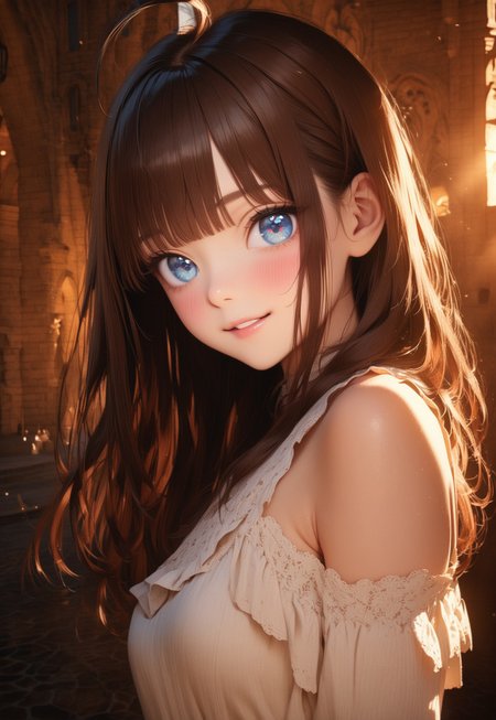 embedding:urn:air:sd1:embedding:civitai:222256@250708, masterpiece, 1 girl, beautiful girl, smile, close up, detailed face, detailed eyes, detailed pupils, round pupils, blue eyes, brown hair, long hair, bangs, equal length bangs, small ahoge, bare shoulders, blush, medium breasts, white dress, frilly dress, looking at viewer, fantasy, european, castle in background, architecture, outdoors, best quality, high res, ultrasharp, high detail, sharp focus, dramatic, beautiful lighting, real life, intricate, caustics, subsurface scattering, reflections, (photorealistic:1.5), (ulzzang-6500:0.5), (RAW photo, 8k uhd, film grain)