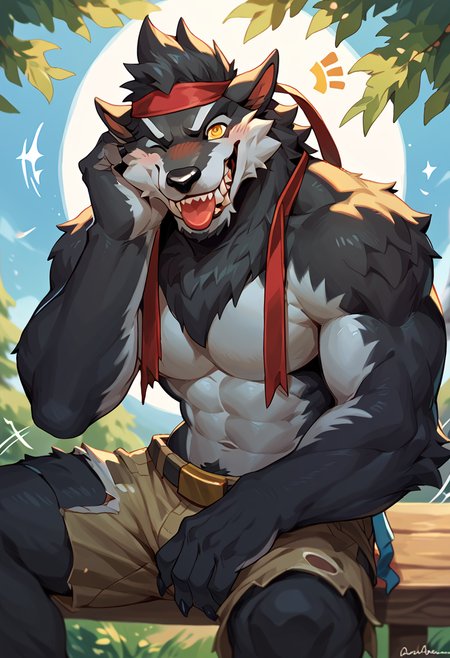 score_9, score_8_up,  score_7_up, (male:1.2), solo, furry, anthro, canine, (muscular:0.3), bara, shirtless, black fur, yellow eyes, topless, blush, smiling, happy, looking at viewer, cute:1.2, sitting, tailwag, wink, grin, tongue out, <lora:Dire_Fortnite:1>, dire, fortnite, werewolf