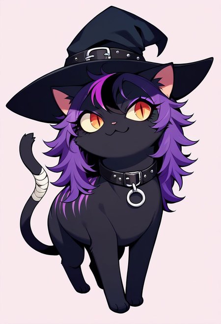 (score_9, score_8_up), score_7_up, score_6_up, (feral), 1girl, cat, furry, anthro, short, anime, solo, (witch hat), (body fur), (black body, black skin, black fur), eyelashes, eyeliner, (black hair, purple hair, streaked hair), (long hair, messy hair, wild hair), animal ears, smirk, purple stripes, slit pupils, beautiful eyes, thin tail, tail ring, punk, piercings, collar, bandages, paws, uncensored, nsfw_moe