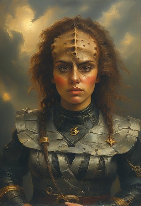 masterpiece, best quality, oil painting, illustration, style of Andreas Achenbach, portrait of a female kling0n alien pirate, forehead ridges, brown skin, nose ridges, large eyebrows