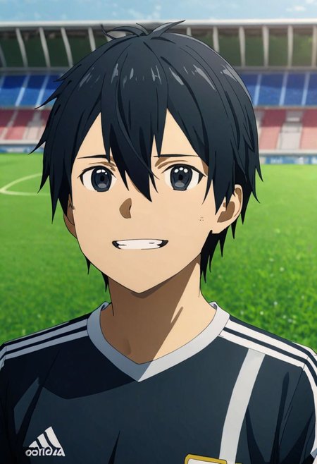 high resolution, professional photography, best quality, 1Boy, Kirigaya Kazuto, Black Hair, Black Eyes, overalldetail, Soccer Boy, soccer player, field, potrait, depth of field, happy, tired, celebration