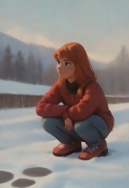 score_9, score_8_up, score_7_up, score_6_up, score_5_up, score_4_up, rating_safe, masterpiece monet painting, julie_power, squatting in the snow
