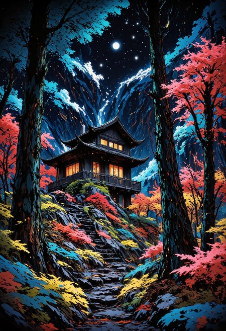 a house in the woods beautiful landscape, bright luminous starry night, woman, very intricate, very detailed, sharp, bright, colorful, <lora:Hand v2:0.5> <lora:Anti-Blur:1><lora:Insane Detail Slider:0.25>  <lora:flux.1_lora_flyway_Epic-detail_v2:0.3> <lora:fluxenhancer:0.25> <lora:ROWER:0.6> <lora:flux-charmer-v1-1:0.4><lora:Vibrantly_Sharp_style_v.5:0.4> <lora:realanime:0.7> <lora:Chinese_Ink:0.3> chinese ink style