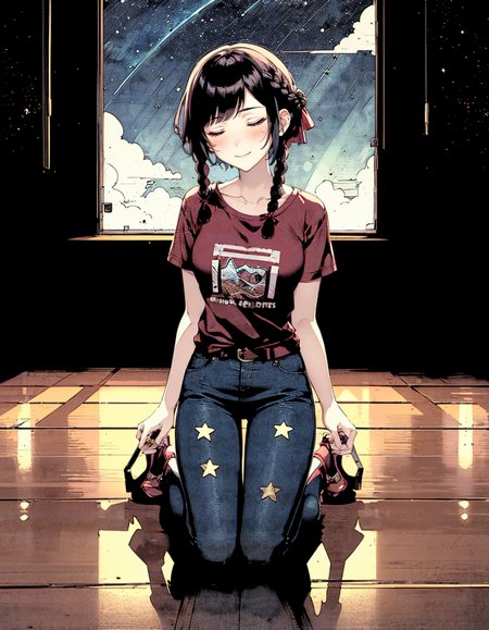 1girl, solo, wide angle, wide shot, cowboy shot, workshop, indoors, dark, kneeling, burgundy hair, very short hair, twin braids, starry print eyes, mature female, milf, red t-shirt, sky blue pants, bow footwear, small breasts, (closed eyes:1.2), smile