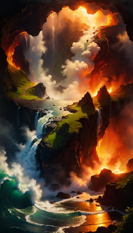 famous artwork by (maurice sapiro:1.4) and (roger dean:1.2) and (ron spencer:1.3), beautiful painting of the hawaii volcanoes national park, fiery lava flows into the churning sea and creates billowing steam clouds, steaming craters, (lush green rainforests:1.1) atop a towering cliff overlooking the azure waters of the ocean, cascading waterfalls, (dramatic sky:1.2), raw volcanic power, force of nature, fiery, ovg, dramatic, scenic, awe-inspiring, crepuscular rays, ultra detailed, 8k, uhd <lora:add-detail-xl:2.4> <lora:more_artful-xl:0.6> <lora:lyco-style-envydramaticlightingxl01_digital_art-xl:0.8> <loractl:envybetterhiresfixxl01-xl:0.2:hr=1.0>
