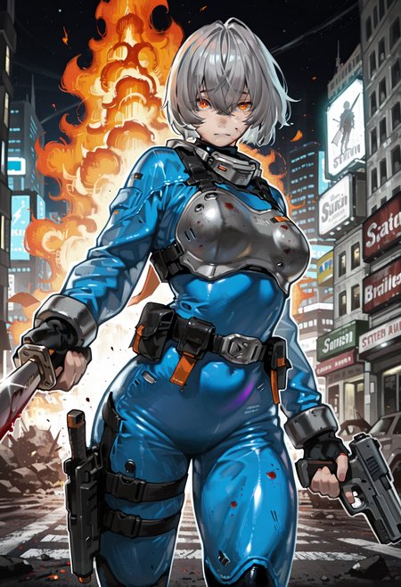 1girl, crossed bangs, long bangs, grey hair, short hair, orange eyes, small lips, raised eyebrows, medium breasts,
holding sword,holding handgun, action pose, standing,
space bodysuit, armor, breast plate,
sci fi, street, city, ruin, night, detailed background, battlefield, fire,
angry, blood on armor, blood on sword, looking at viewer,
<lora:K_o465-_styleIL:1>, ko465style,  masterpiece,best quality,amazing quality,