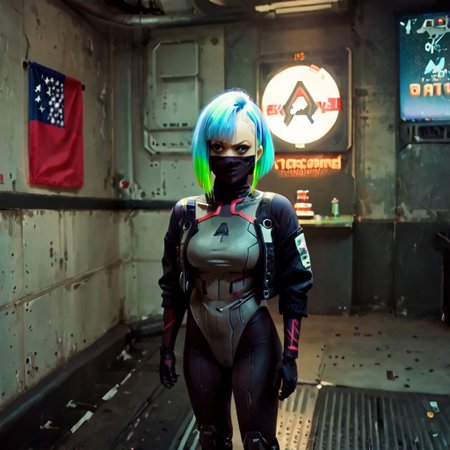 cinematic digital concept art, 
saturated colors, 
VG_SS, fake screenshot,
dhmis,
<lora:cyberpunk-lucy-s1-ponyxl-lora-nochekaiser:1>, lucy as puppet,, short hair, bangs, blue eyes, blue hair, multicolored hair, makeup, multicolored eyes, large breasts,
bare hips, bodysuit, jacket, leotard, monowire, off shoulder, off-shoulder jacket, open clothes, open jacket, skindentation,
boots
g4g, covered mouth, mouth silhoutte, star spangled banner mask, (nose)
framing device, leading lines, fast shutter, negative space,
