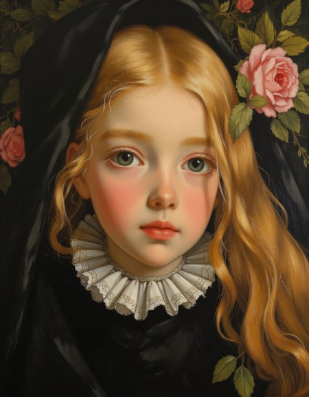 masterpiece, high quality, Oil Painting, The youngest was so beautiful that the sun itself, which has seen so much, was astonished whenever it shone in her face. Blond hair, blue eyes, and pale white skin. Gothic overtones, brush strokes, warm light, magic, extremely coherent, cute, beautiful, cinematic, stunning, creative, positive, cheerful, unique, cool, inspiring, pure, rational, very inspirational, friendly, thought, glowing, magical, perfect, intricate, wonderful, lovely, novuschroma, del1cate_balance style, in the style of Rembrandt. FS, vantablack <lora:style_of_Rembrandt_FLUX_135:.8> <lora:- Flux1 - vanta_black_V2.0:.4> <lora:Delicate_Balance:.3> <lora:neeeg_f1:-1> <lora:113_novuschromaFLX_1:.2> <lora:Former_Splendor:.6> <lora:Midjourney_Whisper_Minimal:.4>