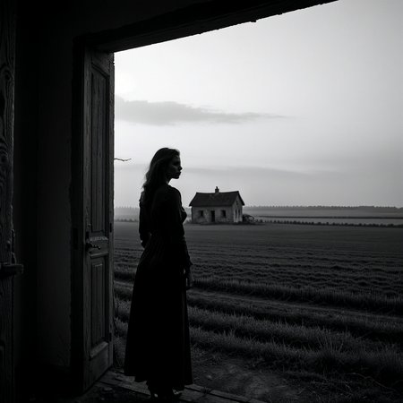 Moody monochrome photo.

A hauntingly beautiful woman, standing in the doorway of the farmhouse, looking across the fields.

<lora:MoodyMono01_CE_XL_200-OT:0.4> mdymnoCE_style