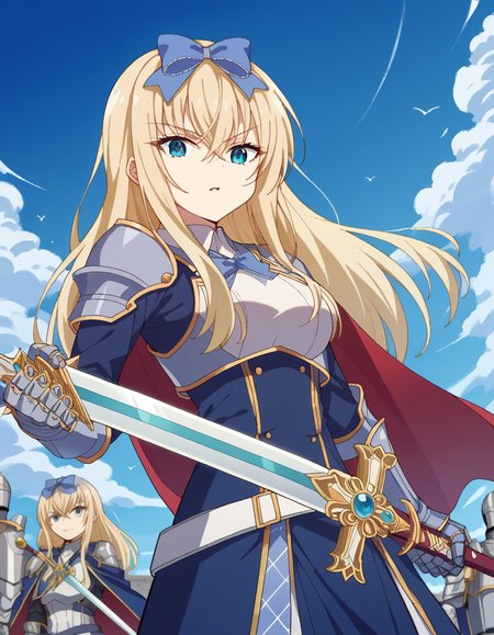 score_9, score_8_up, score_7_up, source_anime, <lora:fenris-edelritz-s1-ponyxl-lora-nochekaiser:1>, fenris edelritz, long hair, blue eyes, blonde hair, hair between eyes, hair bow, blue bow, medium breasts,, <lora:knight-ponyxl-lora-nochekaiser:1>, knight, armor, cape, sword, weapon, holding weapon, shoulder armor, gauntlets, helmet, pauldrons, red cape,, blue sky, clouds, from below, parted lips, looking at viewer, , dutch angle, cowboy shot